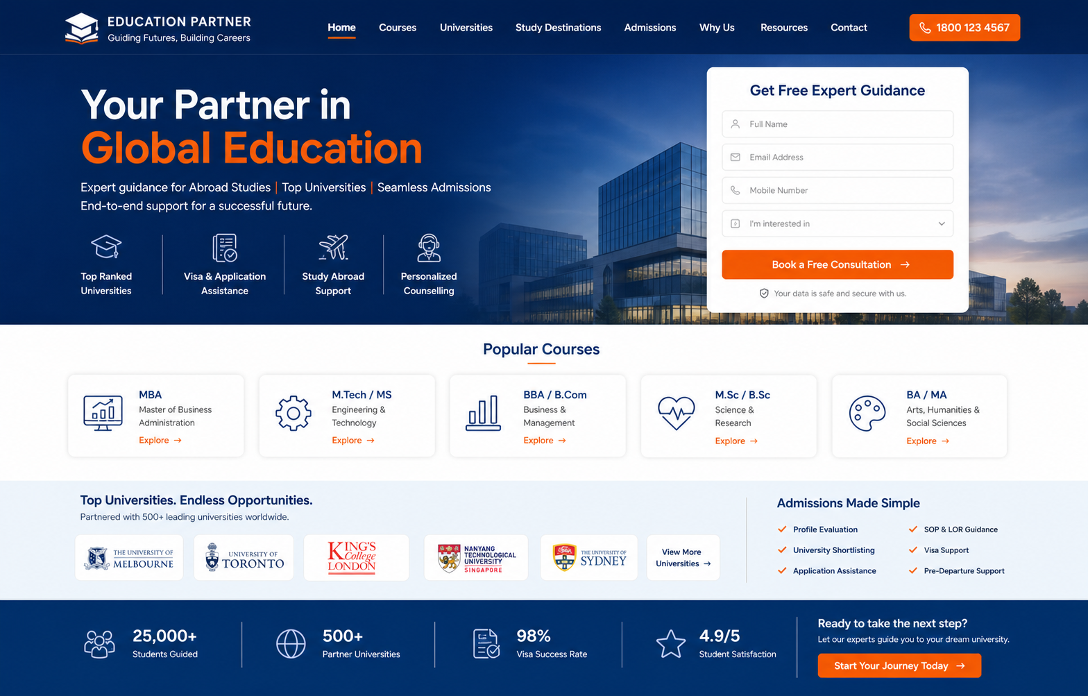 Trusted Education blue and orange website design preview