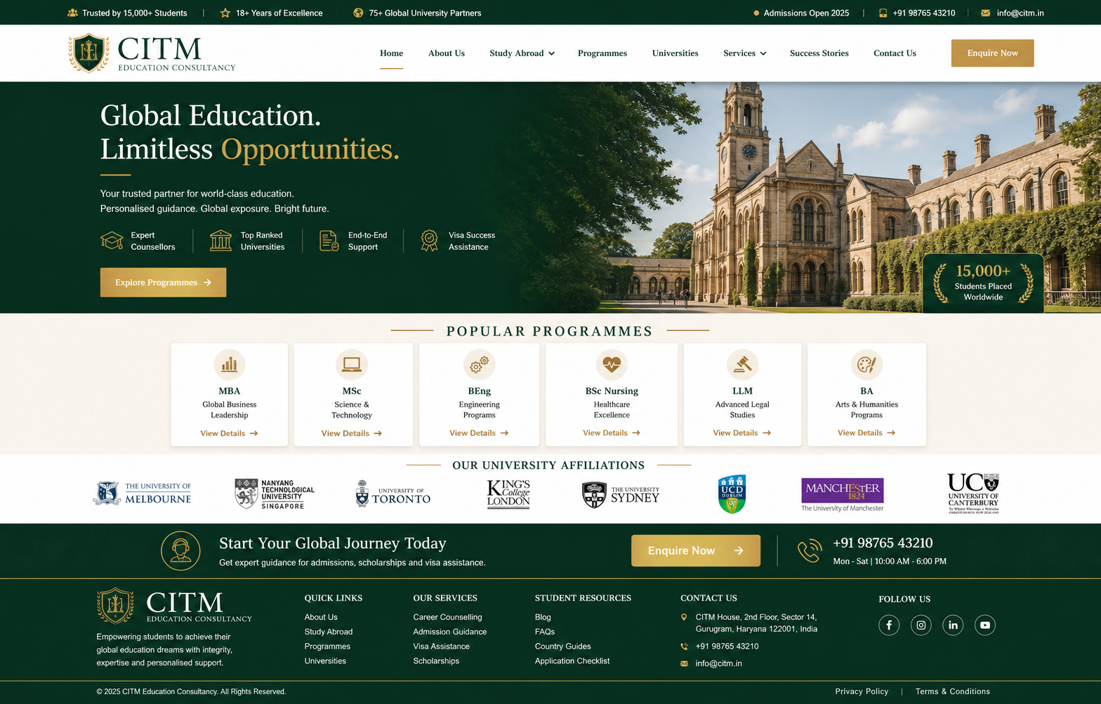 Classic Institute green and gold website design preview